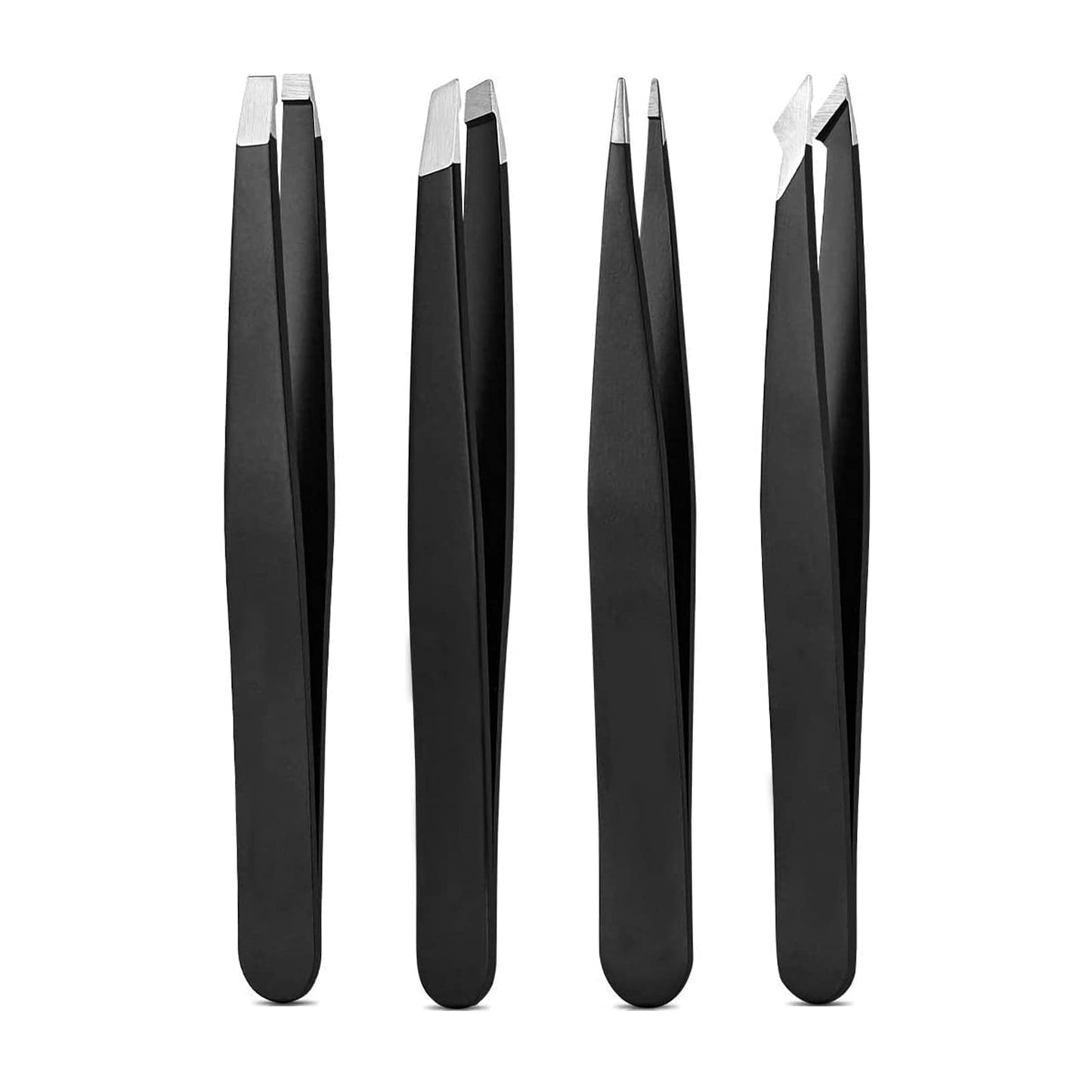 4 in 1 Tweezers Set, High Precision Stainless Steel Eyebrow Tweezers for Facial Hair, Inward Growing Hair and Splinter Remover Kit, Suitable for Women and Men, 4-Piece Set. (Black)